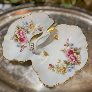 Vintage Limoges France Handled Divided Bowl Pink Yellow Roses Signed Porcelain